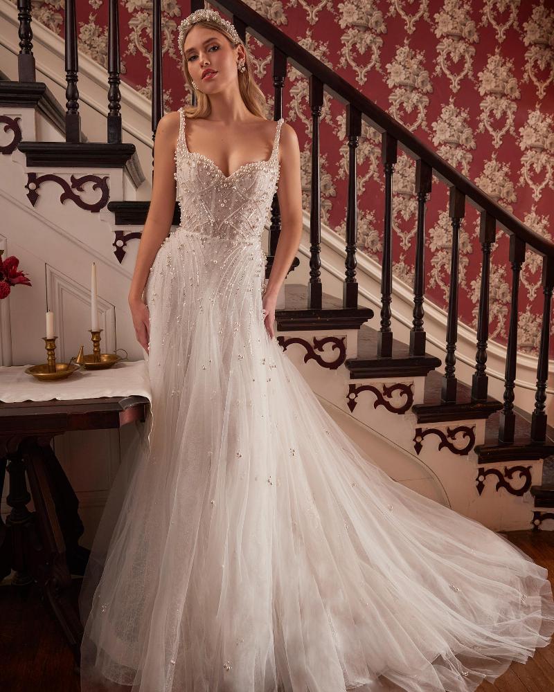 La23239 beaded pearl wedding dress with straps and sweetheart neckline3